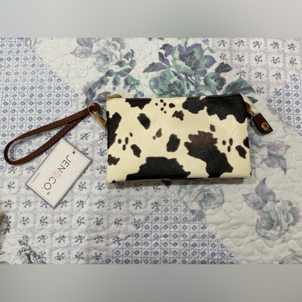 NWT Jen & Co vegan cow print clutch